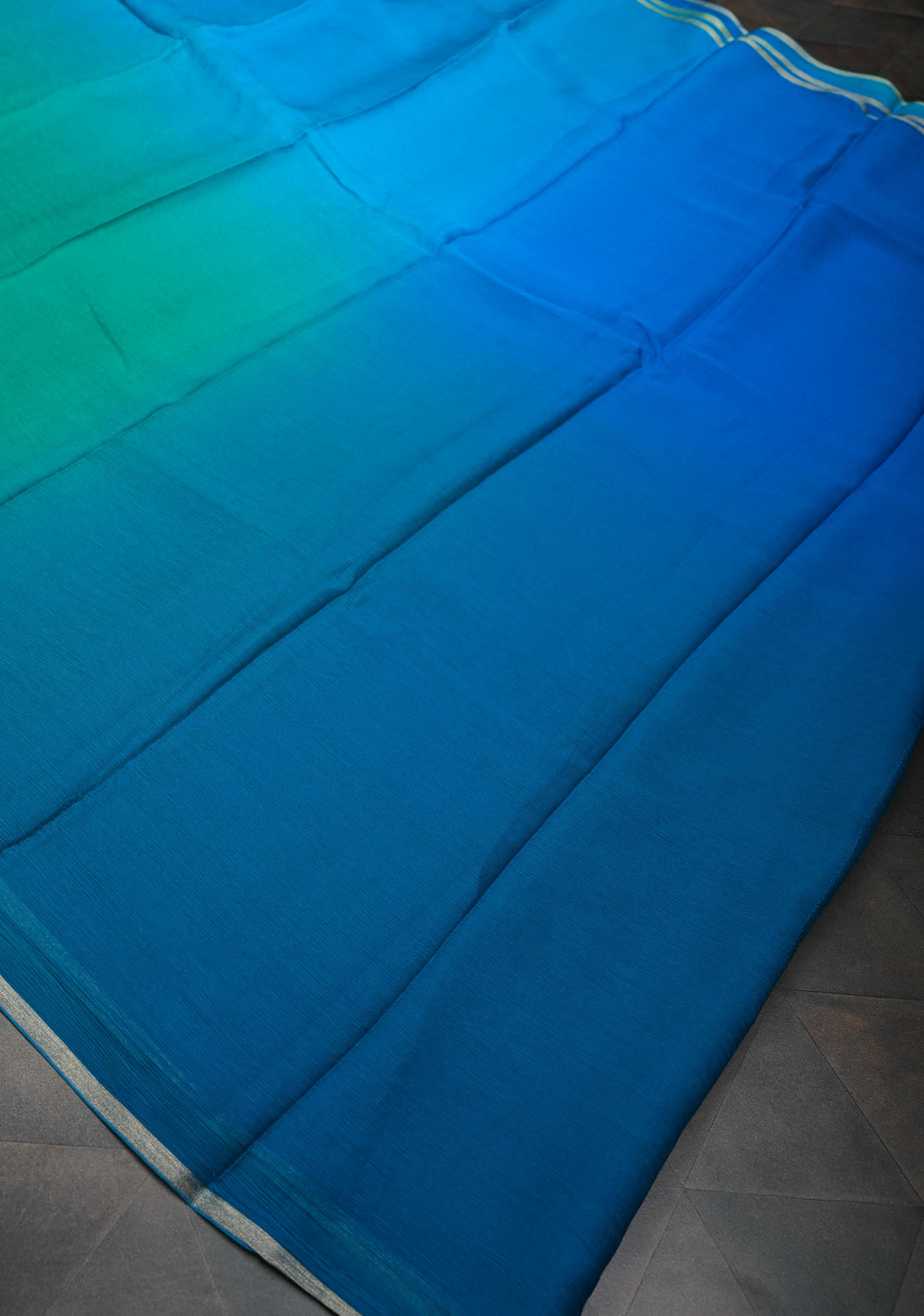 Bollywood style ombre pure chiffon Saree in Prussian Blue and Dark Sea Green, No Blouse Piece