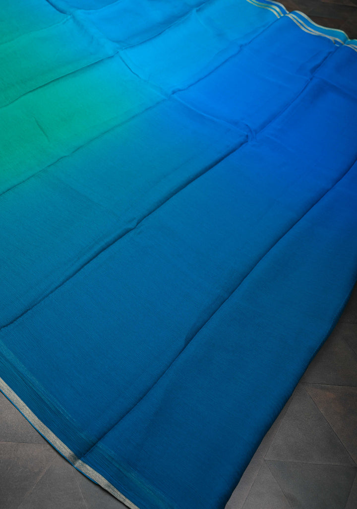 Bollywood style ombre pure chiffon Saree in Prussian Blue and Dark Sea Green, No Blouse Piece