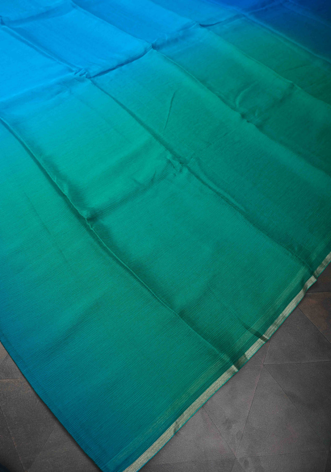 Bollywood style ombre pure chiffon Saree in Prussian Blue and Dark Sea Green, No Blouse Piece