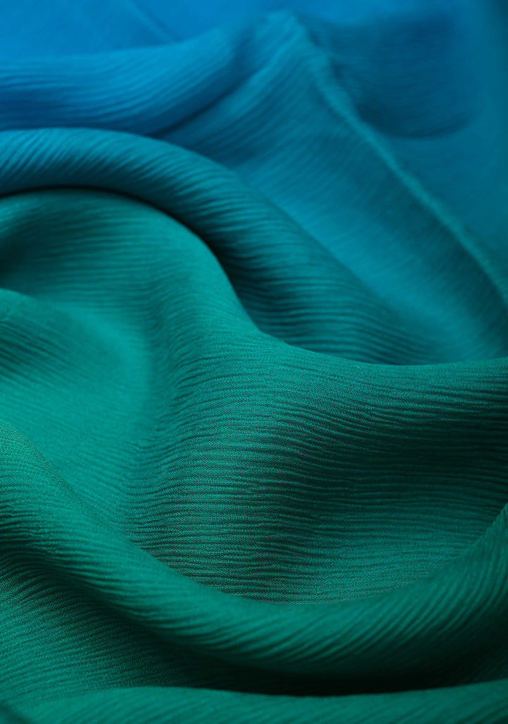 Bollywood style ombre pure chiffon Saree in Prussian Blue and Dark Sea Green, No Blouse Piece