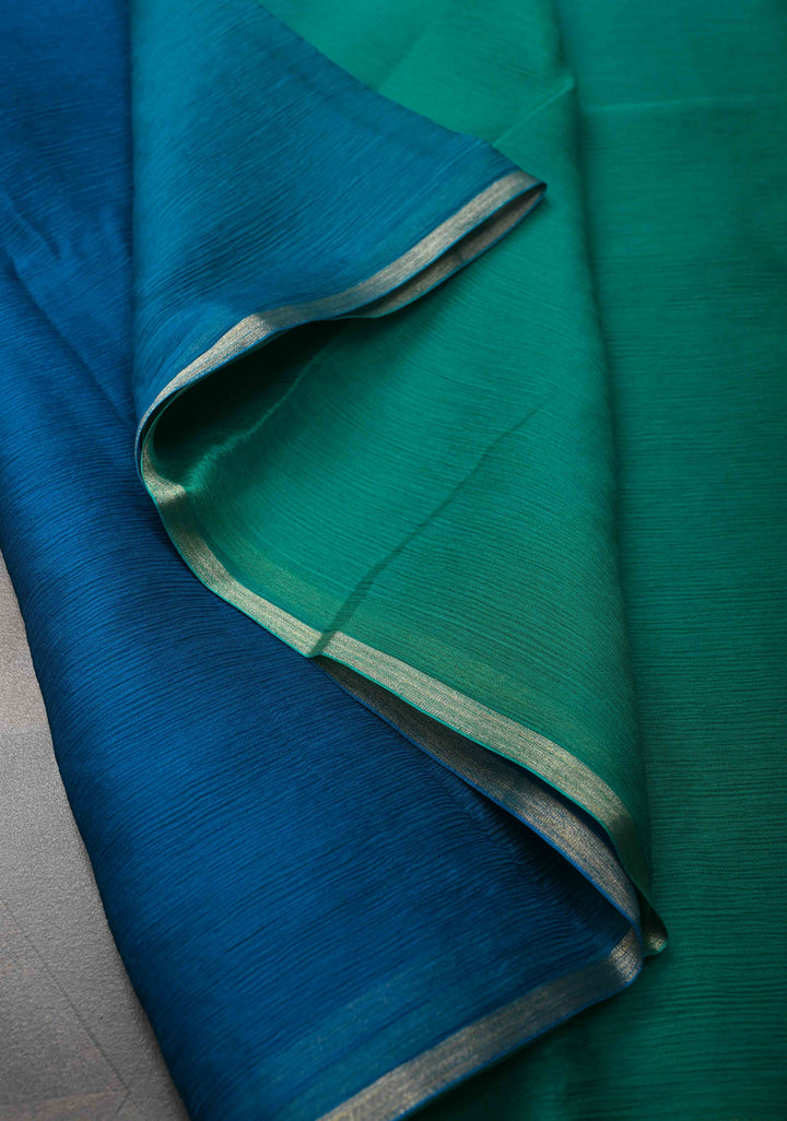 Bollywood style ombre pure chiffon Saree in Prussian Blue and Dark Sea Green, No Blouse Piece