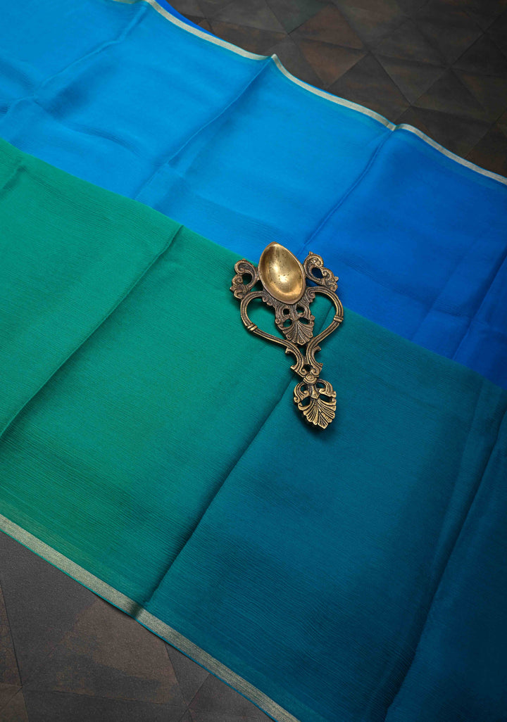 Bollywood style ombre pure chiffon Saree in Prussian Blue and Dark Sea Green, No Blouse Piece