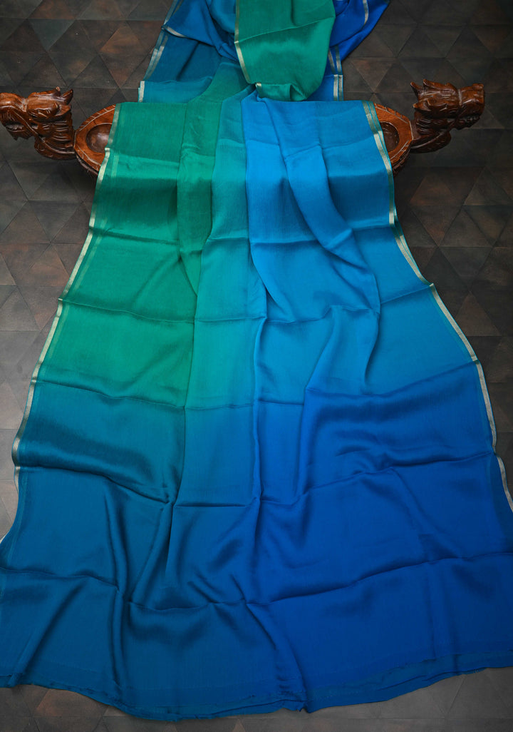 Bollywood style ombre pure chiffon Saree in Prussian Blue and Dark Sea Green, No Blouse Piece