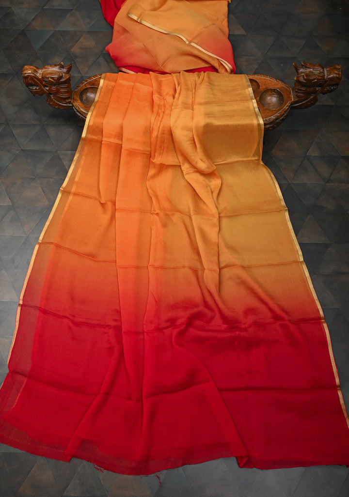 Bollywood style ombre pure chiffon Saree in Red and orange, No Blouse Piece