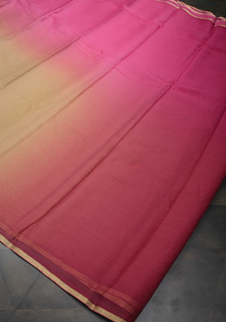 Bollywood style ombre pure chiffon Saree in Pink and Beige, No Blouse Piece