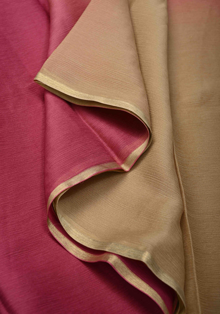 Bollywood style ombre pure chiffon Saree in Pink and Beige, No Blouse Piece