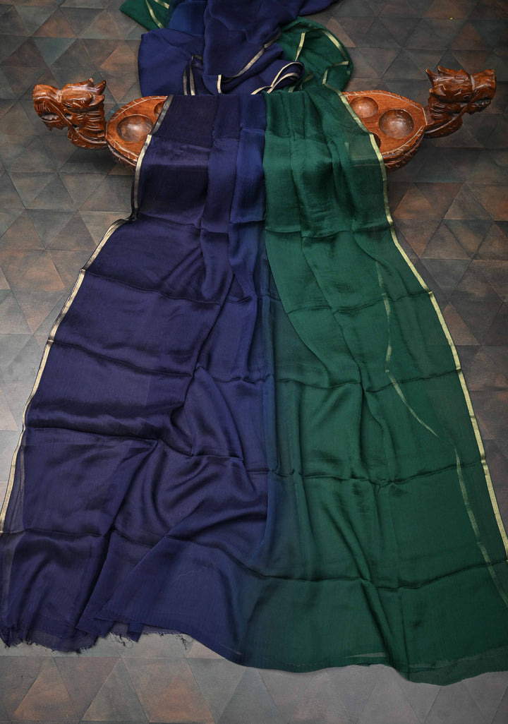 Bollywood style ombre pure chiffon Saree in Dark Navy blue and dark green, No Blouse Piece