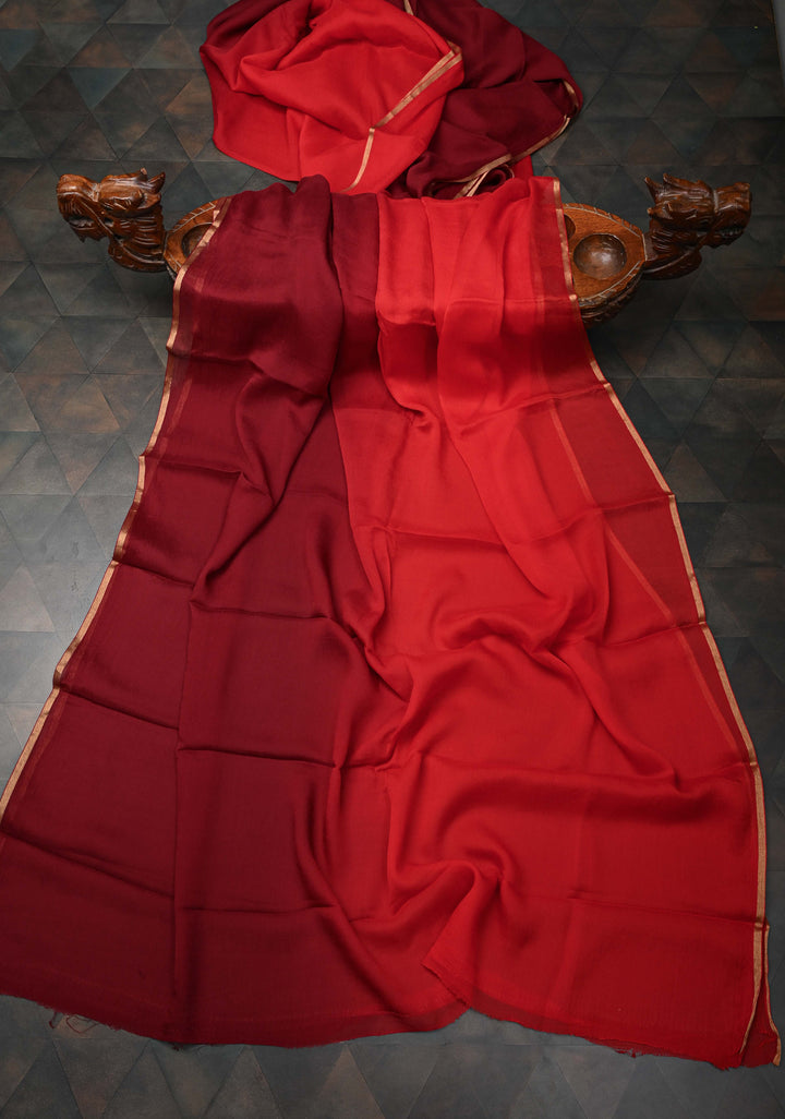 Bollywood style ombre pure chiffon Saree in Maroon and Red, No Blouse Piece