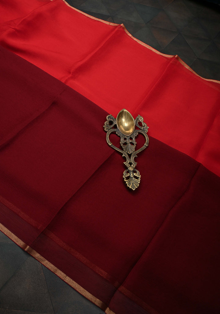 Bollywood style ombre pure chiffon Saree in Maroon and Red, No Blouse Piece