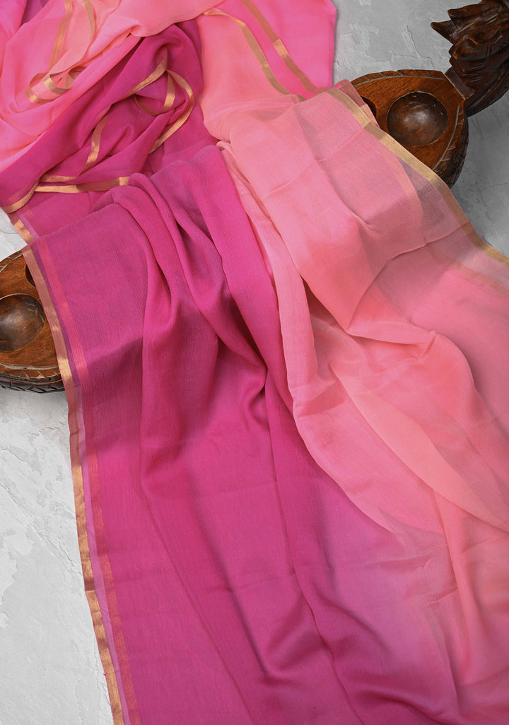 Bollywood style ombre pure chiffon Saree in Coral and Blush Pink, No Blouse Piece