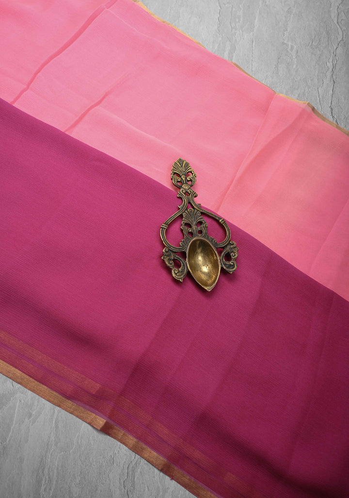 Bollywood style ombre pure chiffon Saree in Coral and Blush Pink, No Blouse Piece