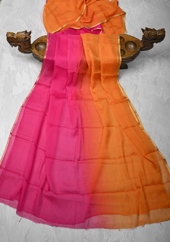 Bollywood style ombre pure chiffon Saree in Pink and orange, No Blouse Piece