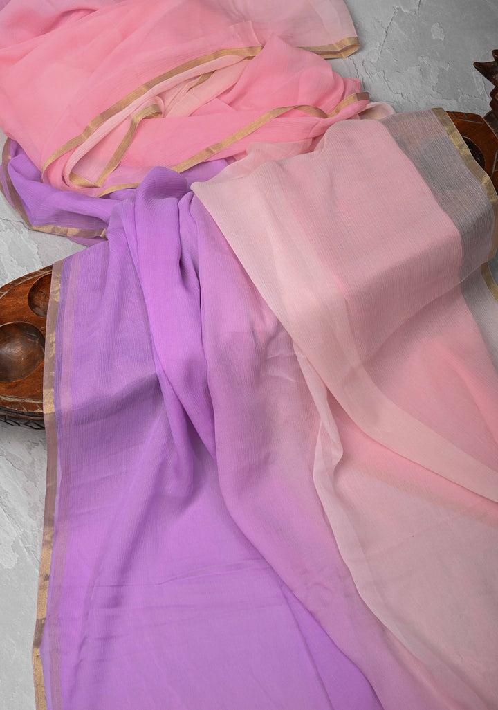 Bollywood style ombre pure chiffon Saree in Lavender and Peach, No Blouse Piece