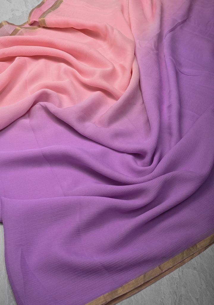 Bollywood style ombre pure chiffon Saree in Lavender and Peach, No Blouse Piece