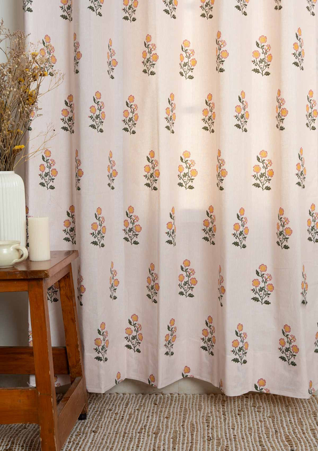 Parijatha Floral printed 100% Cotton Curtain for Living Room and Bedroom - Light Reduction - Rust and Mustard - Single Piece | SHOBITAM