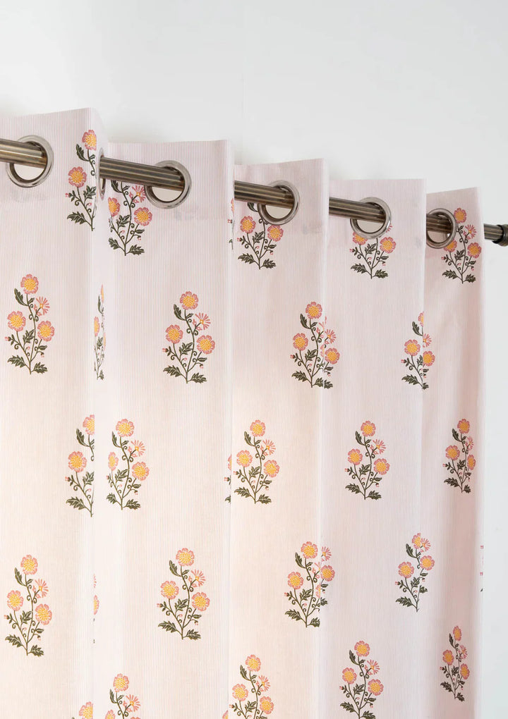 Summer Blooms Floral printed 100% Cotton Curtain, Single Panel Customizable for size, lining and headers