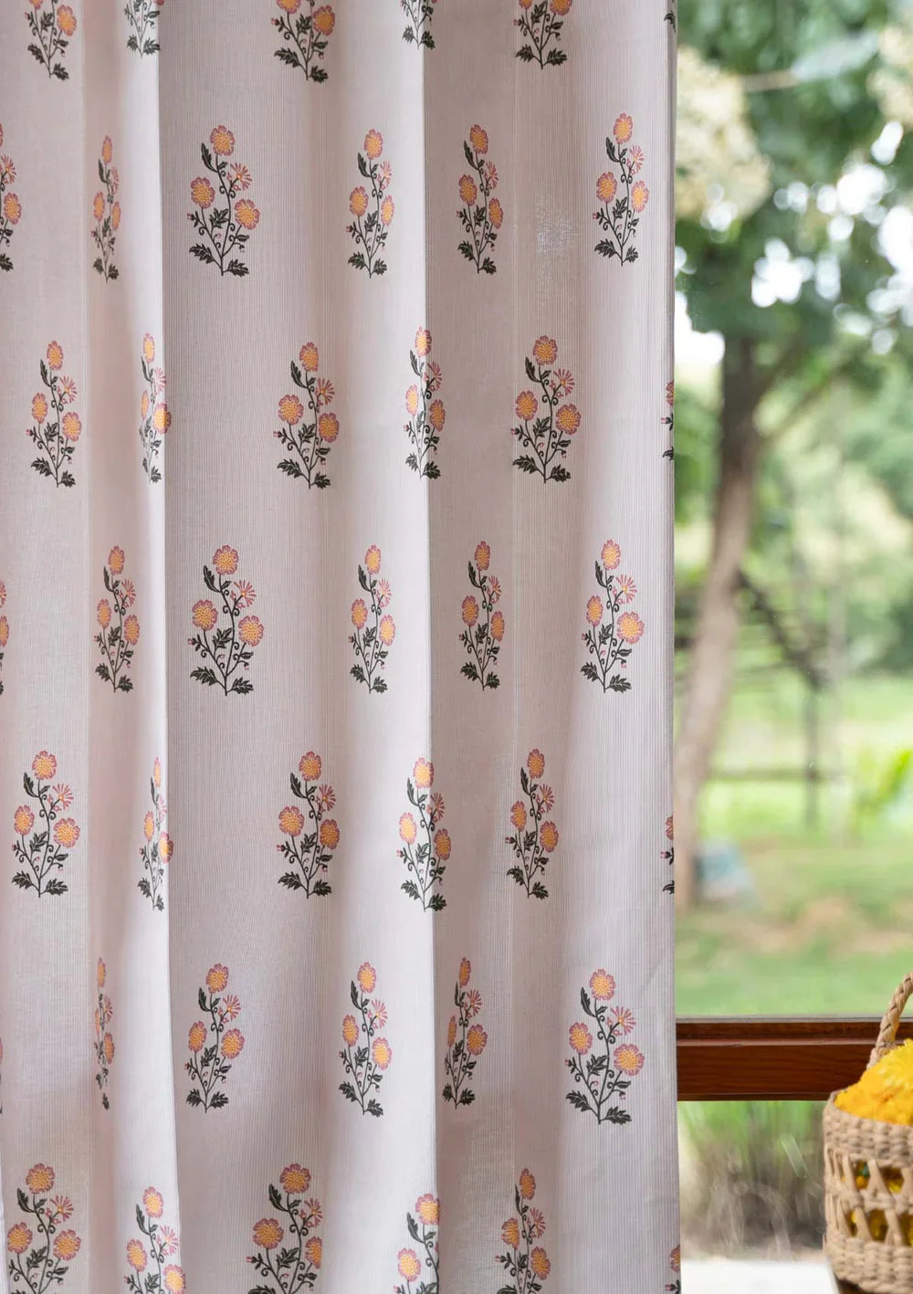 Summer Blooms Floral printed 100% Cotton Curtain, Single Panel Customizable for size, lining and headers