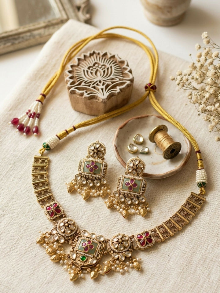 Gold Floral Polki Necklace Set | SHOBITAM