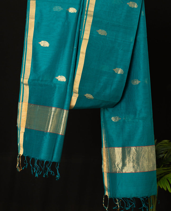 Peacock Blue Green Golden Handloom Chanderi Silk Cotton Dupatta | SHOBITAM