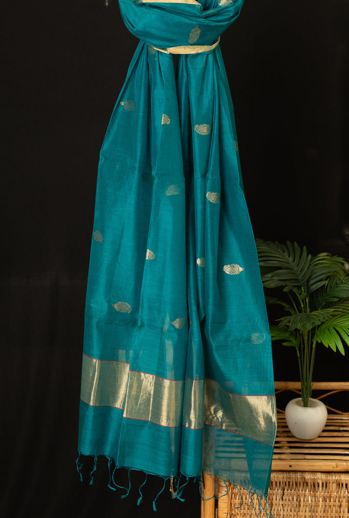 Peacock Blue Green Golden Handloom Chanderi Silk Cotton Dupatta | SHOBITAM