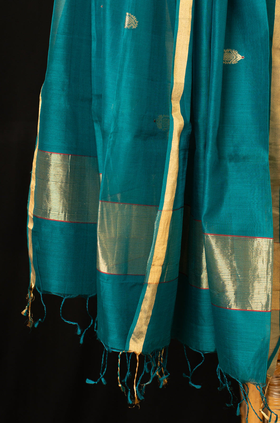 Peacock Blue Green Golden Handloom Chanderi Silk Cotton Dupatta | SHOBITAM