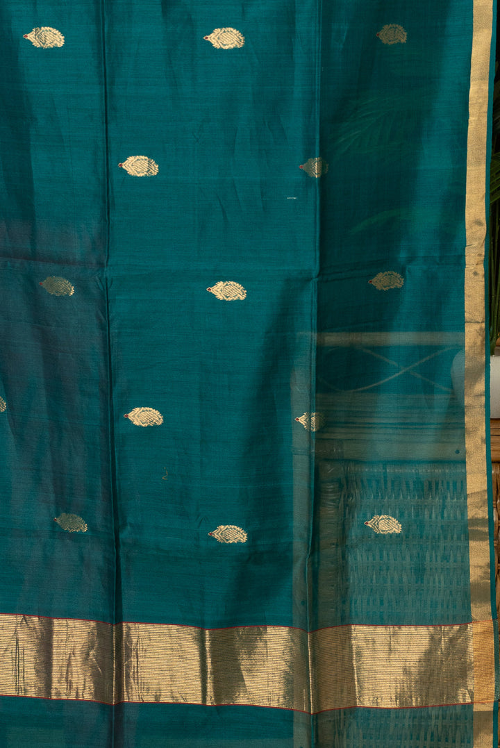 Peacock Blue Green Golden Handloom Chanderi Silk Cotton Dupatta | SHOBITAM