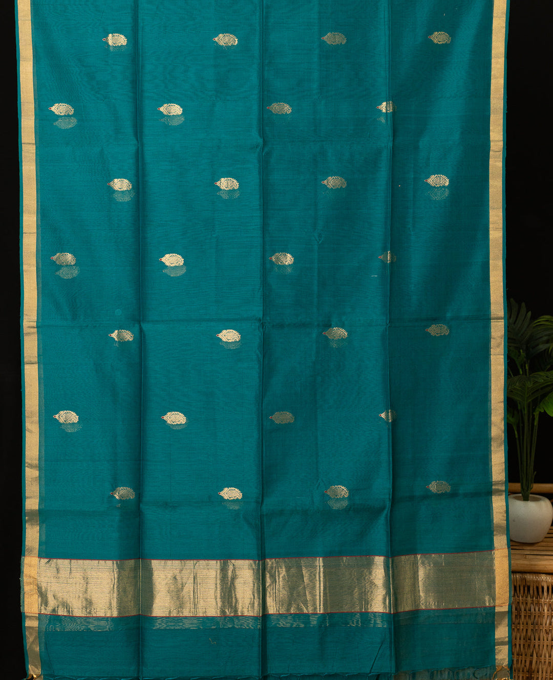 Peacock Blue Green Golden Handloom Chanderi Silk Cotton Dupatta | SHOBITAM