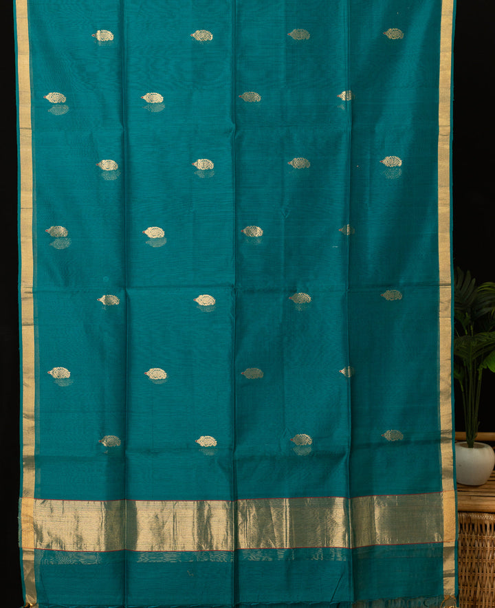 Peacock Blue Green Golden Handloom Chanderi Silk Cotton Dupatta | SHOBITAM