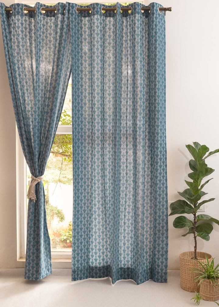 Pergola Indigo 100% cotton geometric curtain for living room & Bedroom - Room darkening - Single Piece | SHOBITAM