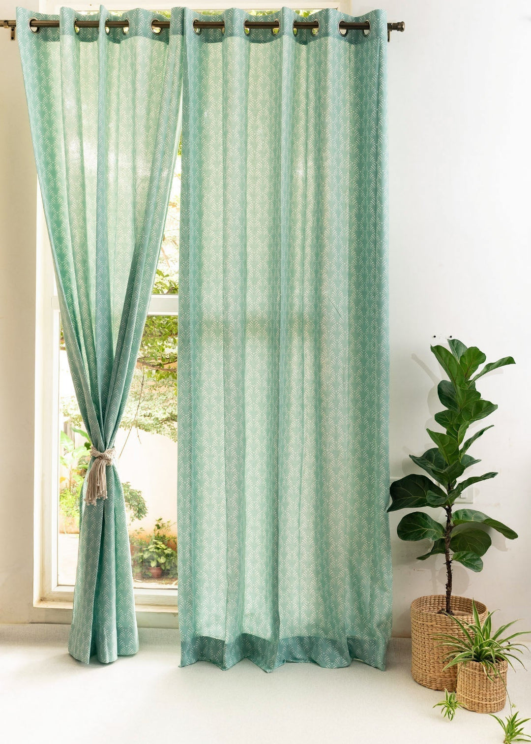 Pergola Nile Blue 100% cotton geometric curtain for living room & Bedroom - Room darkening - Single Piece | SHOBITAM