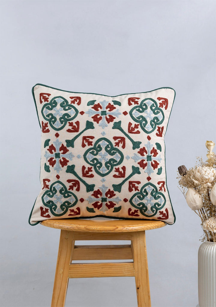 Peridot 100% Cotton Embroidered Red and Green Cushion Cover for Sofa - 16" x 16" | SHOBITAM