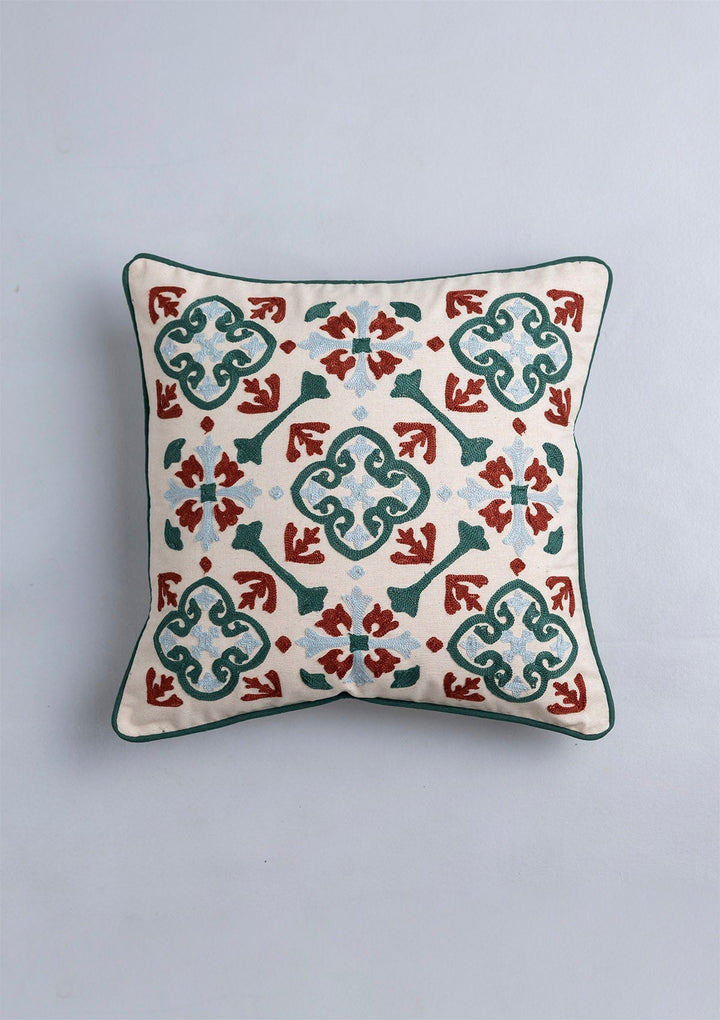 Peridot 100% Cotton Embroidered Red and Green Cushion Cover for Sofa - 16" x 16" | SHOBITAM