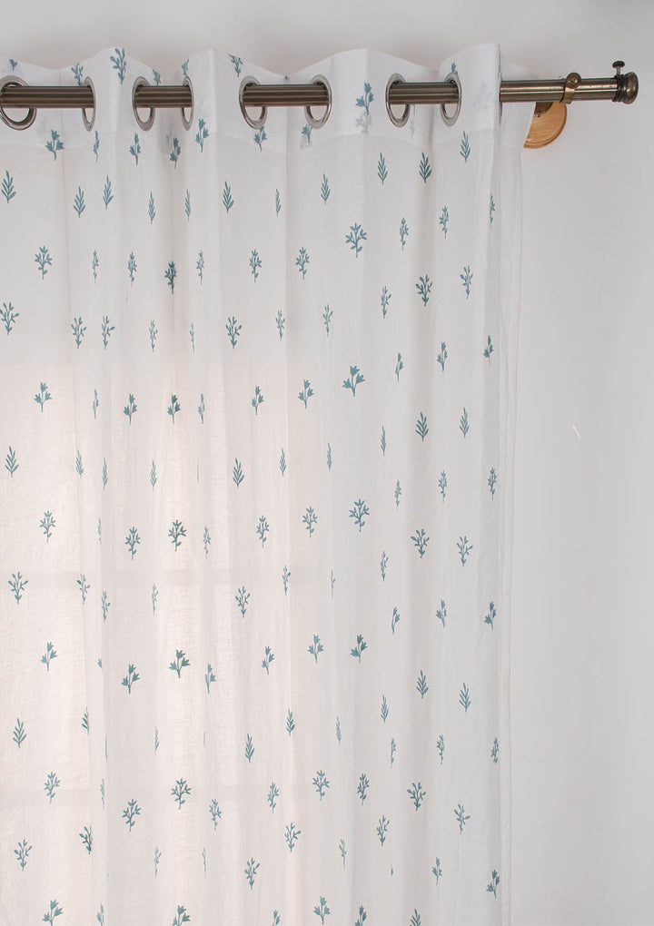 Petal floral Embroidered 100% cotton Sheer Curtain for living room - Light filtering - Nile blue - Single Piece | SHOBITAM