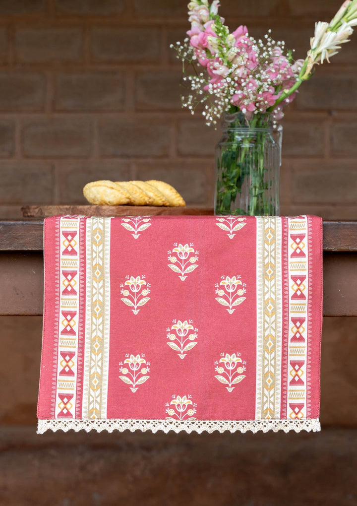 Phool Pink & Green Printed Table Runner – 100% Cotton | SHOBITAM