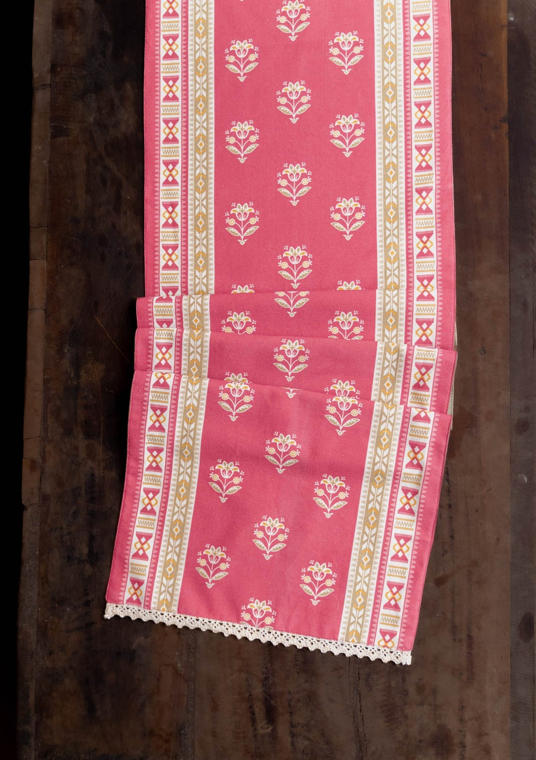 Phool Pink & Green Printed Table Runner – 100% Cotton | SHOBITAM