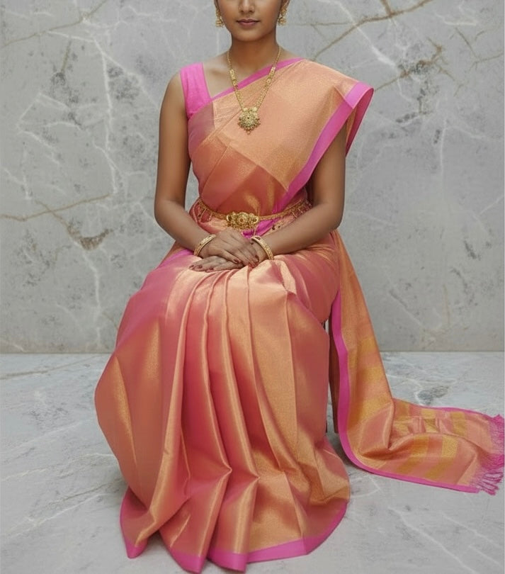 Rose Pink Tissue Cotton Saree | SHOBITAM