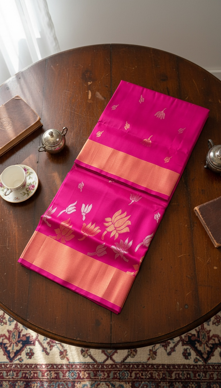 The Lotus Saree - Rani Pink Uppada Silk Saree | SILK MARK CERTIFIED | SHOBITAM
