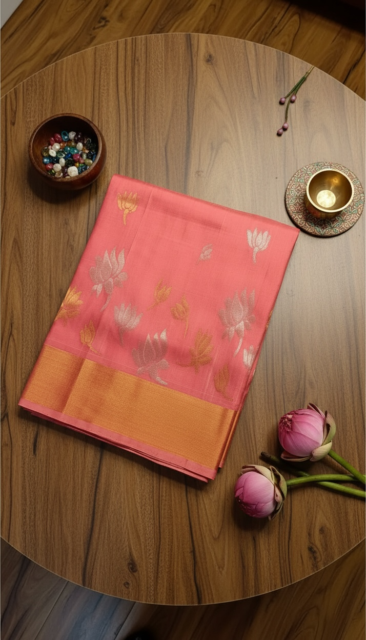 The Lotus Saree- Peach Pink Uppada Silk Saree | SILK MARK CERTIFIED | SHOBITAM