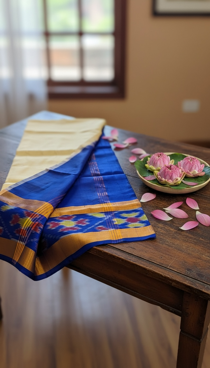 Vyoma - Blue and Cream Uppada Silk Saree | SILK MARK CERTIFIED | SHOBITAM