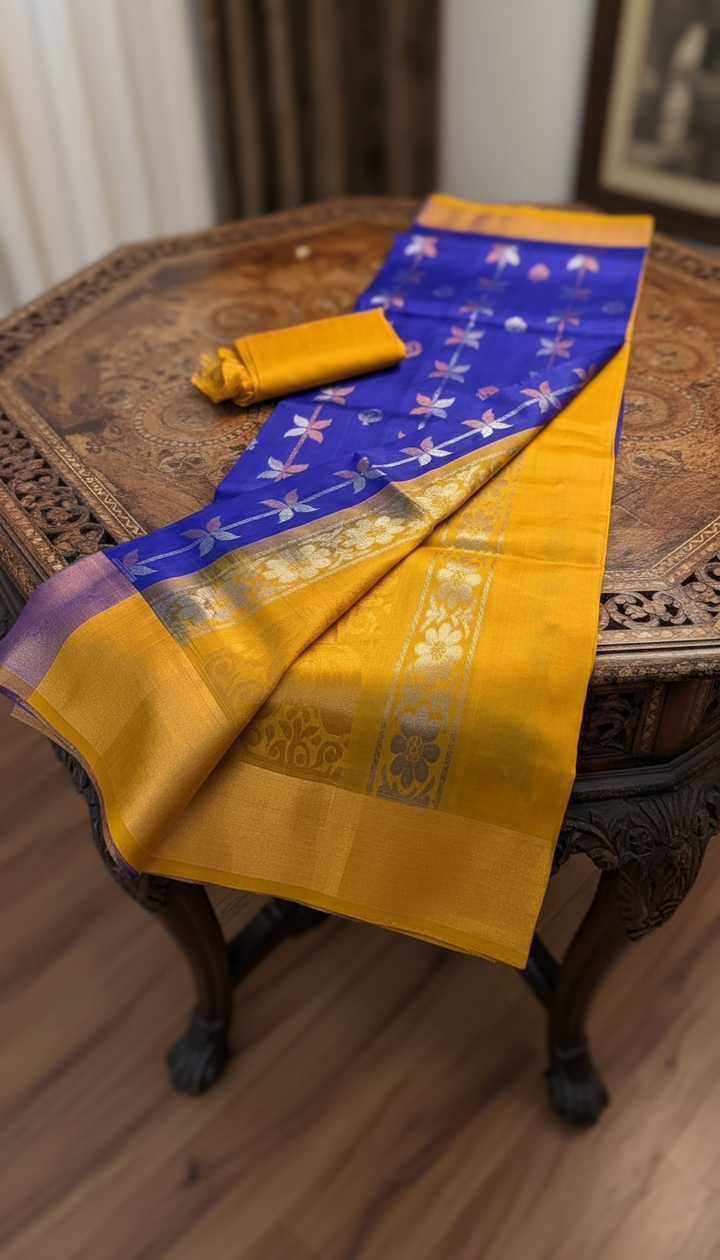 Golden Blue - Handwoven Uppada Silk Saree | SILK MARK CERTIFIED | SHOBITAM