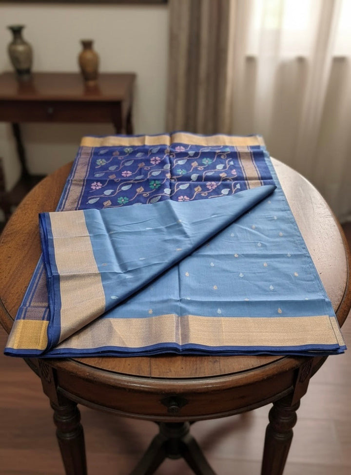 Ananda - Blue Handwoven Uppada Jamdani Silk Saree| SILK MARK CERTIFIED | SHOBITAM