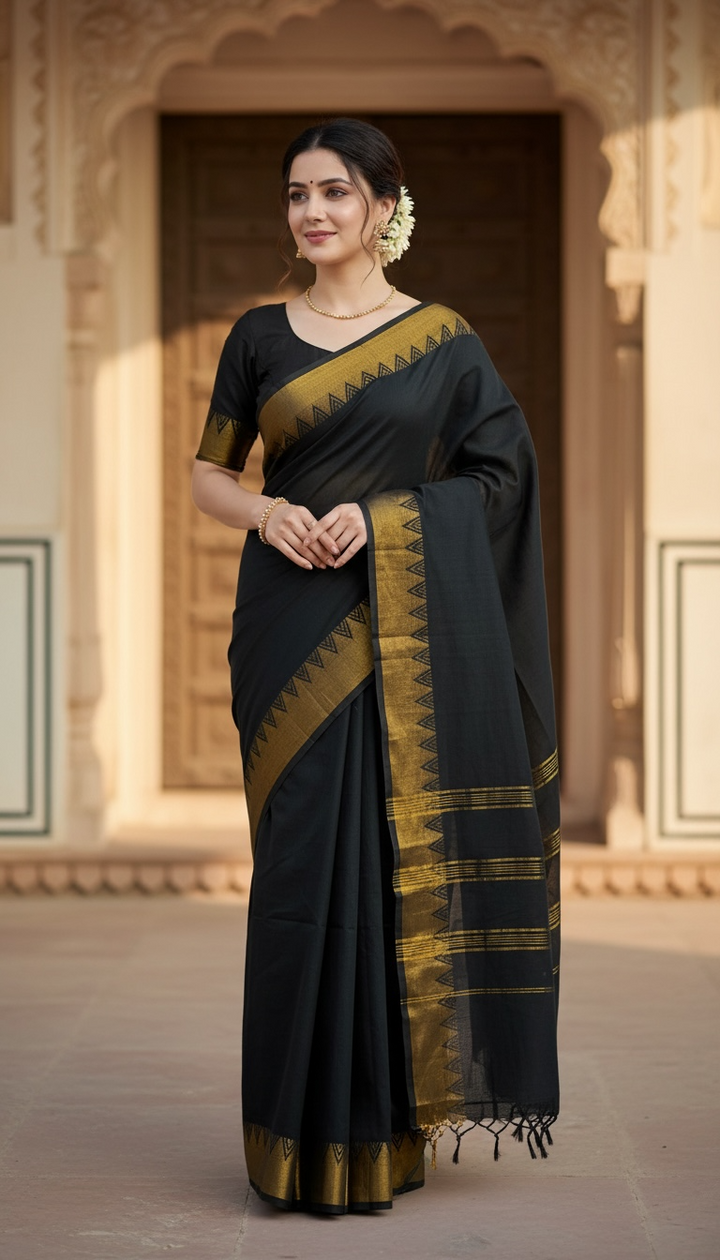 Power in Black- Cotton Saree | SHOBITAM