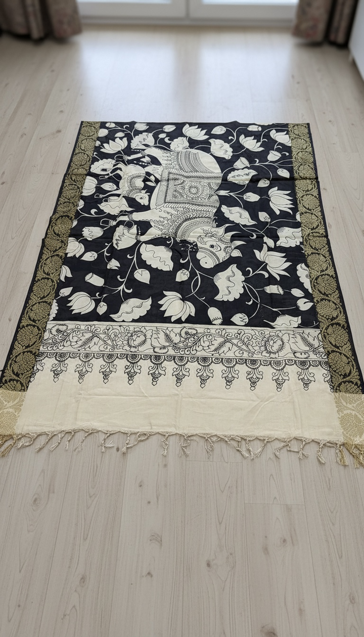 Nandi & the Garden - Handpainted Kalamkari Dupatta | SHOBITAM