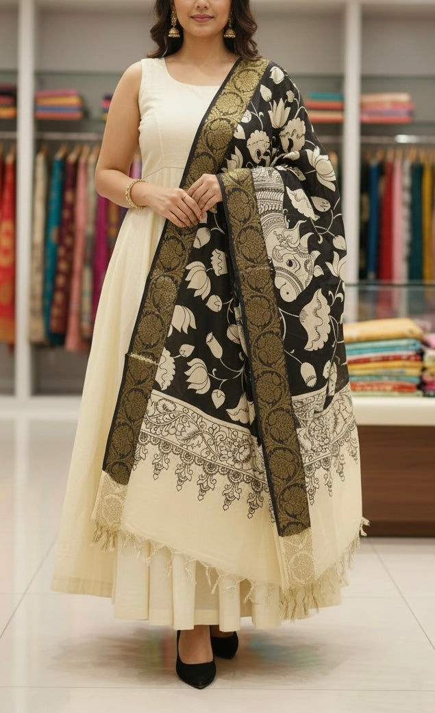 Nandi & the Garden - Handpainted Kalamkari Dupatta | SHOBITAM