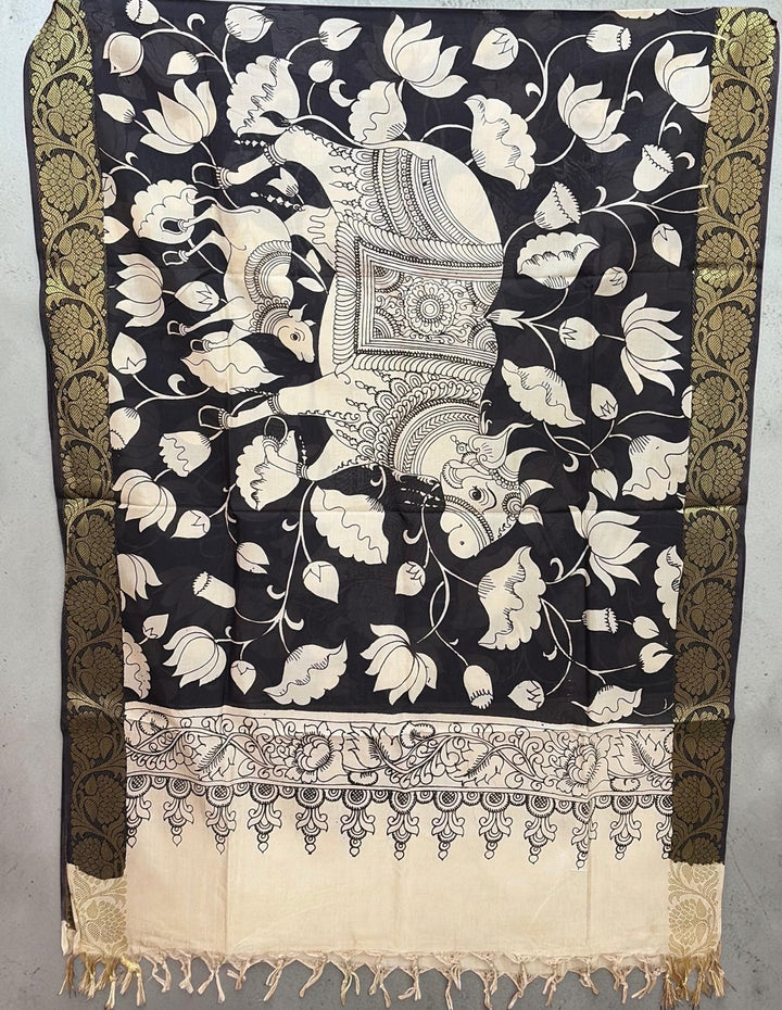 Nandi & the Garden - Handpainted Kalamkari Dupatta | SHOBITAM