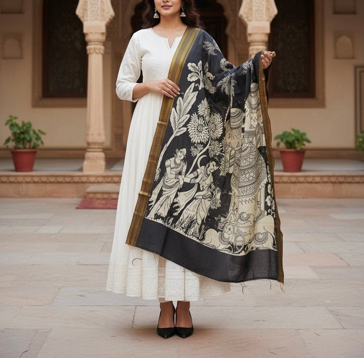 The Rustic Story- Handpainted Kalamkari Dupatta | SHOBITAM