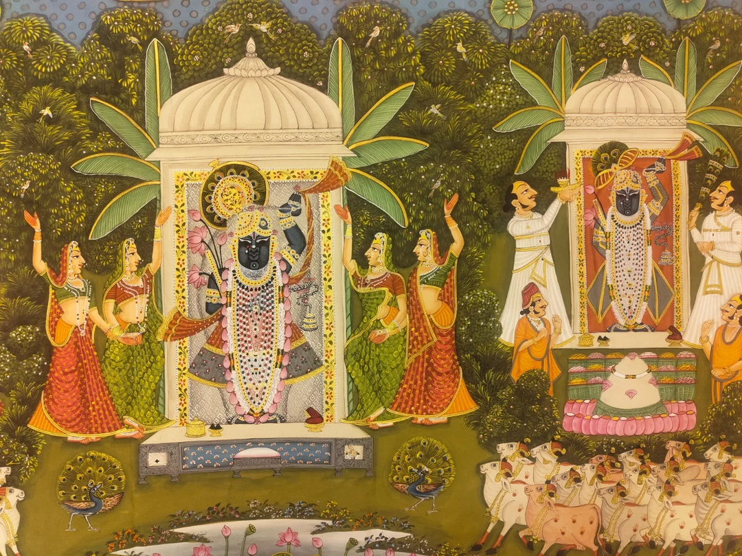 3.5 x 5 feet Authentic Jaipur Painting Teen Roopi Shreenath ji | SHOBITAM
