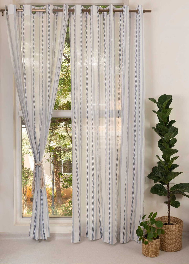 Picket Fence Royal Blue 100% Cotton Sheer Geometric curtain for Living room & bedroom - Light filtering - Single Piece  | SHOBITAM