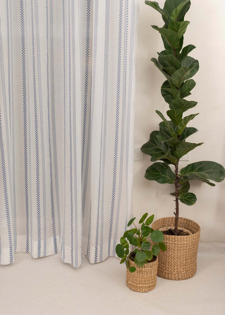 Picket Fence Royal Blue 100% Cotton Sheer Geometric curtain for Living room & bedroom - Light filtering - Single Piece  | SHOBITAM