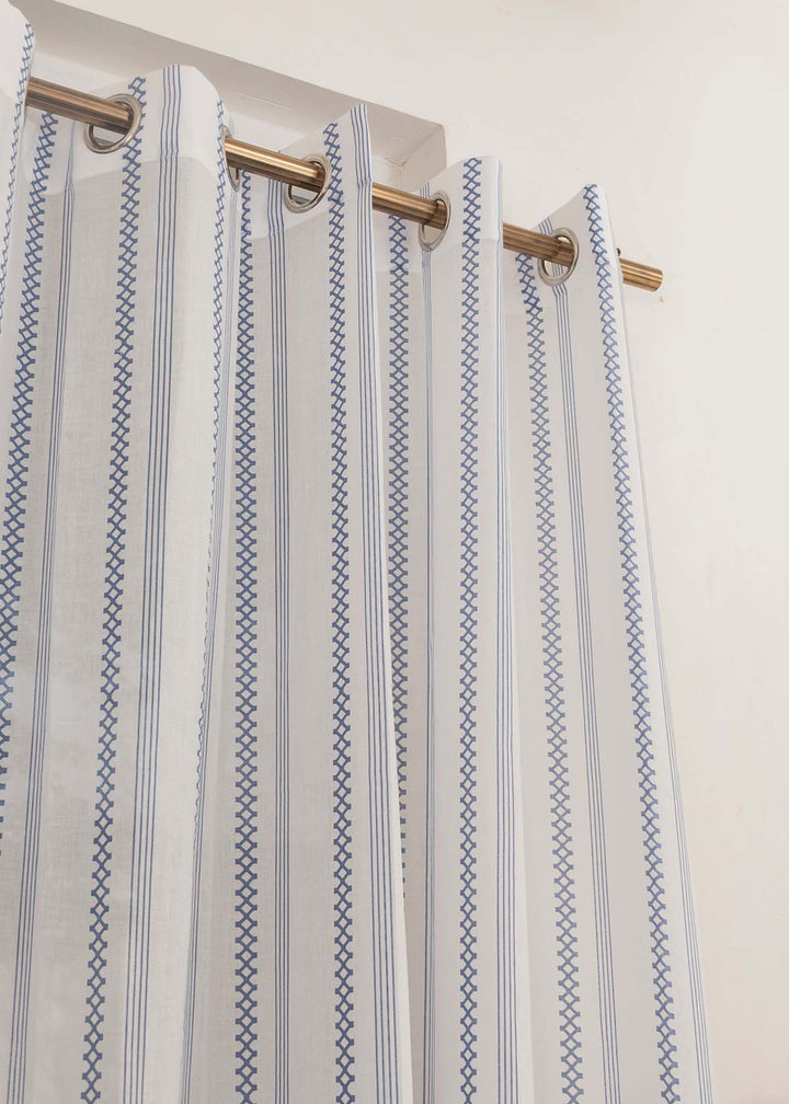 Picket Fence Royal Blue 100% Cotton Sheer Geometric curtain for Living room & bedroom - Light filtering - Single Piece  | SHOBITAM